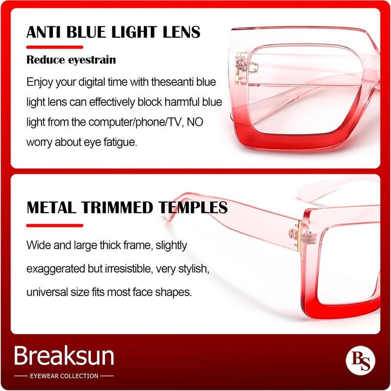 Breaksun Oversized Blue Light Glasses for Women Fashion Thick Square Computer Eyewear Non-Prescription Black Glasses (Pink Red) - Image 5